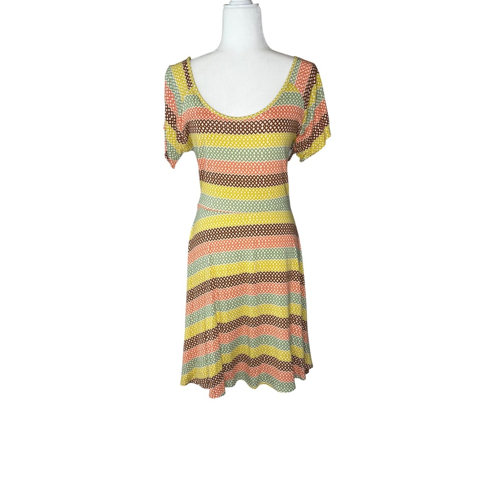 Za Zen Womens XL Multicolor Geometric Stripe Cutout Back Skater Dress Summer
